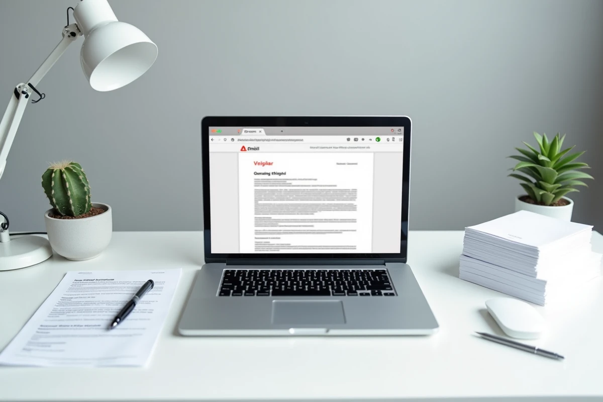 Bureau avec un ordinateur affichant un email de phishing et des documents financiers, illustrant les risques des arnaques par mail au nom de services de remise de fonds