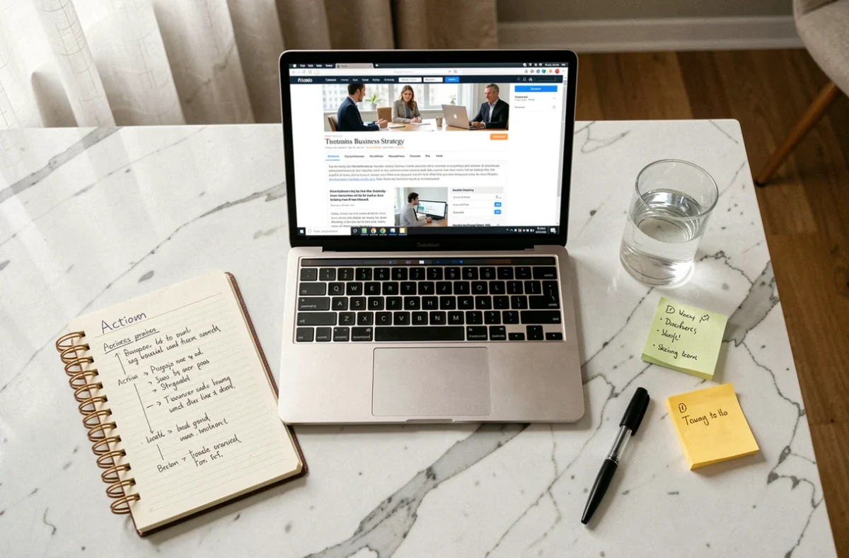 Vue aérienne d'un bureau organisé avec un blog business ouvert sur ordinateur portable et un planificateur d'action, représentant la structuration d'un plan business