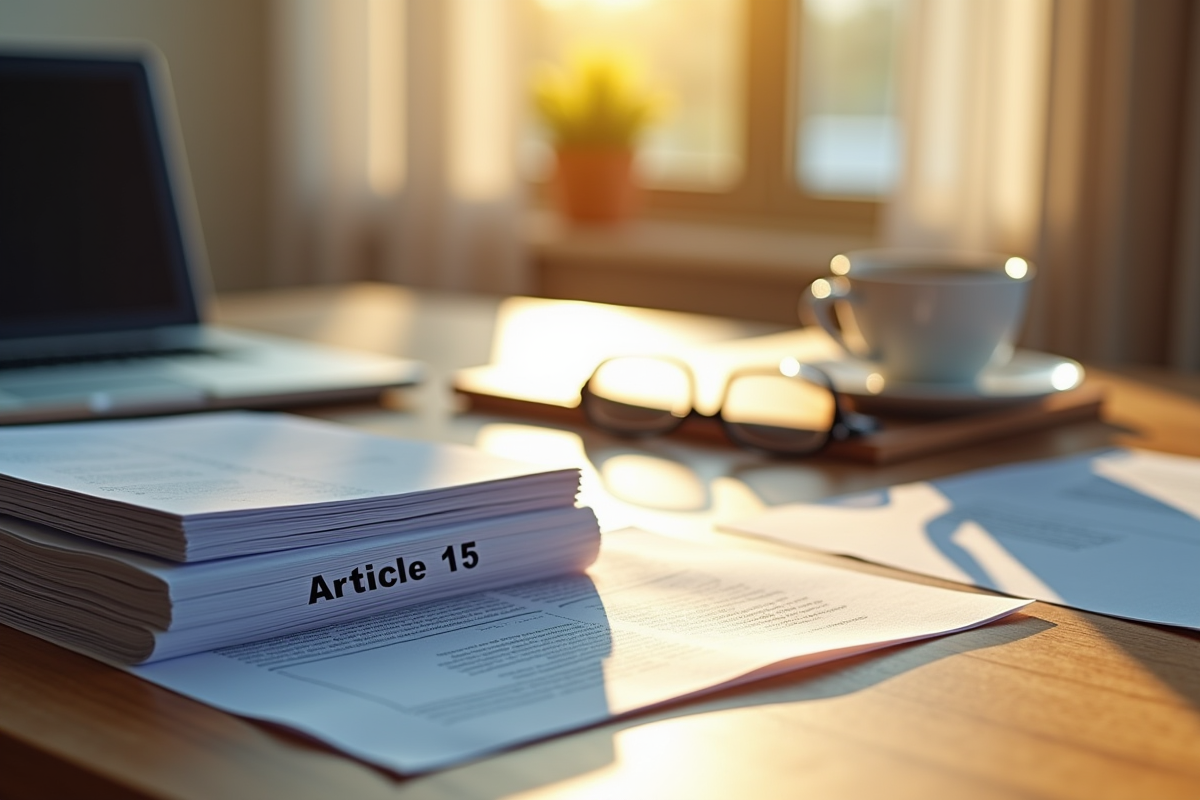 Bureau lumineux avec documents Article 15 et café