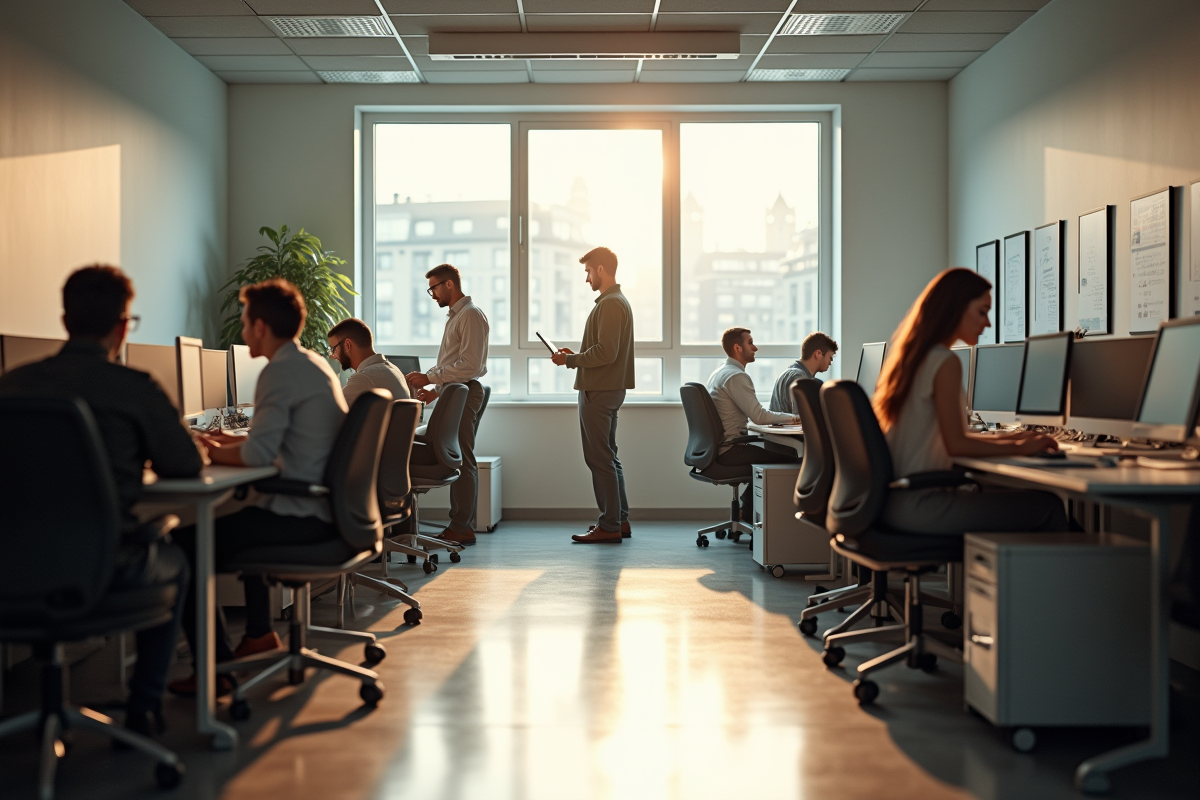 Employés arrivant et travaillant dans un bureau lumineux pour l