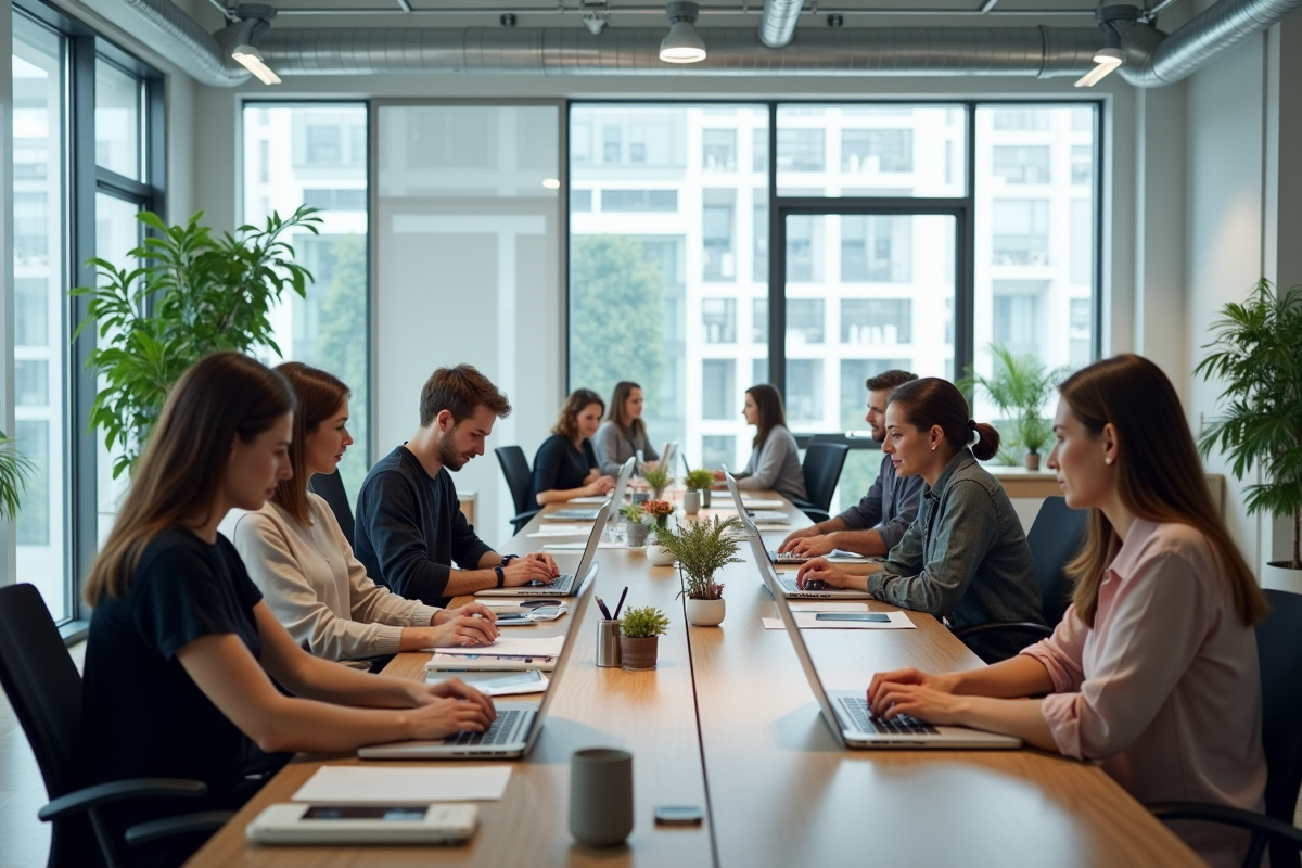 Espace de bureau moderne avec équipe collaborative lumineuse