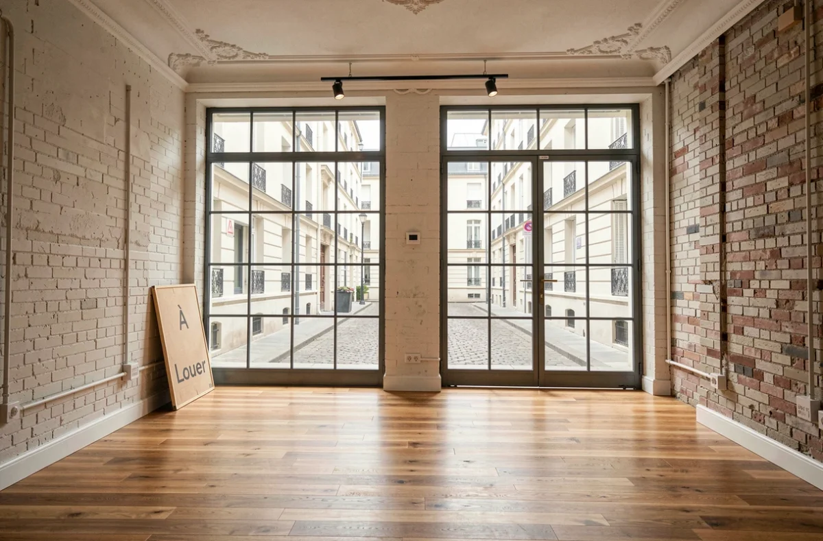 Bureau vide à louer dans un immeuble haussmannien du 9e arrondissement de Paris avec parquet et fenêtres industrielles