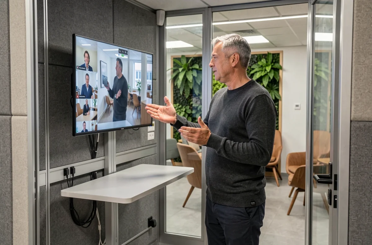 Homme en réunion vidéo dans une cabine vitrée privée d'un espace de coworking avec vue sur la zone commune