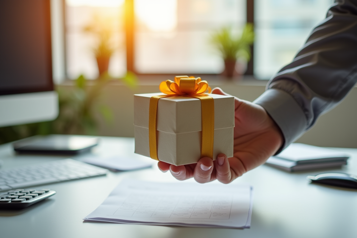 Main offrant un cadeau élégant sur un bureau lumineux