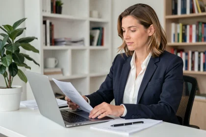Femme candidate préparant sa candidature pour travailler chez Amazon en France depuis son bureau à domicile