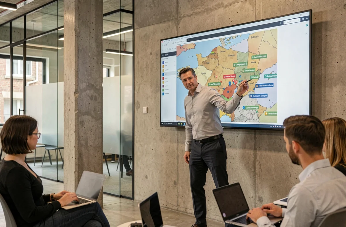 Consultant montrant une carte interactive de données territoriales d'entreprises à des professionnels dans un espace de coworking