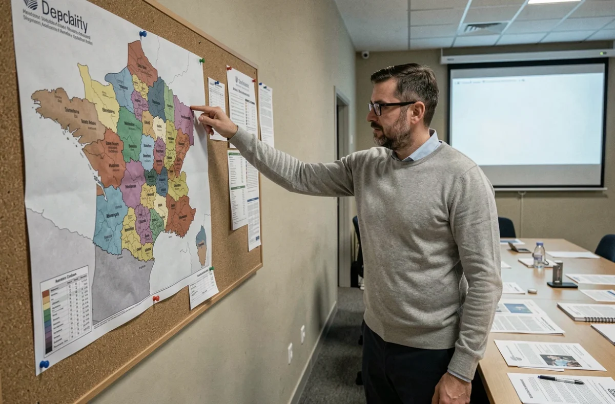 Responsable territorial présentant une carte des régions françaises lors d'une réunion de collectivité locale