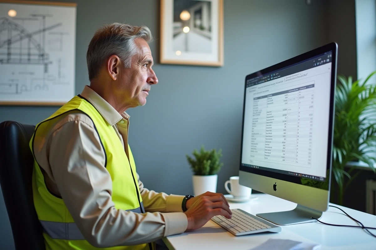 Chef de chantier apprenant à utiliser le logiciel de devis BTP-Chantier.fr sur ordinateur de bureau