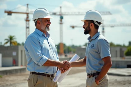Homme hispanique en chantier floridien avec plan et poign&eacute;e de main
