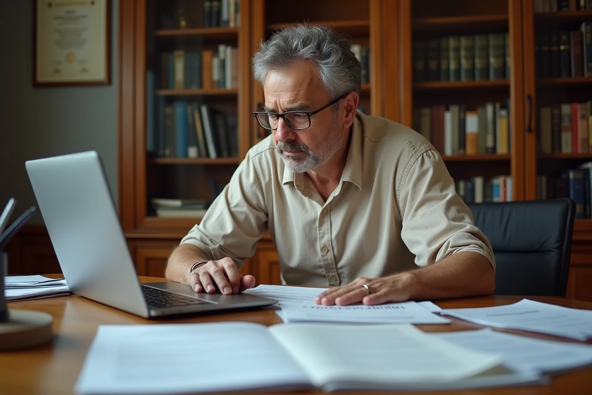 Chef d'entreprise analysant des documents administratifs pour vérifier un SIRET avant versement d'acompte