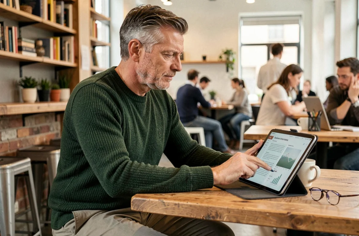 Chef d'entreprise consultant un guide PME sur tablette dans un espace de co-working chaleureux et moderne