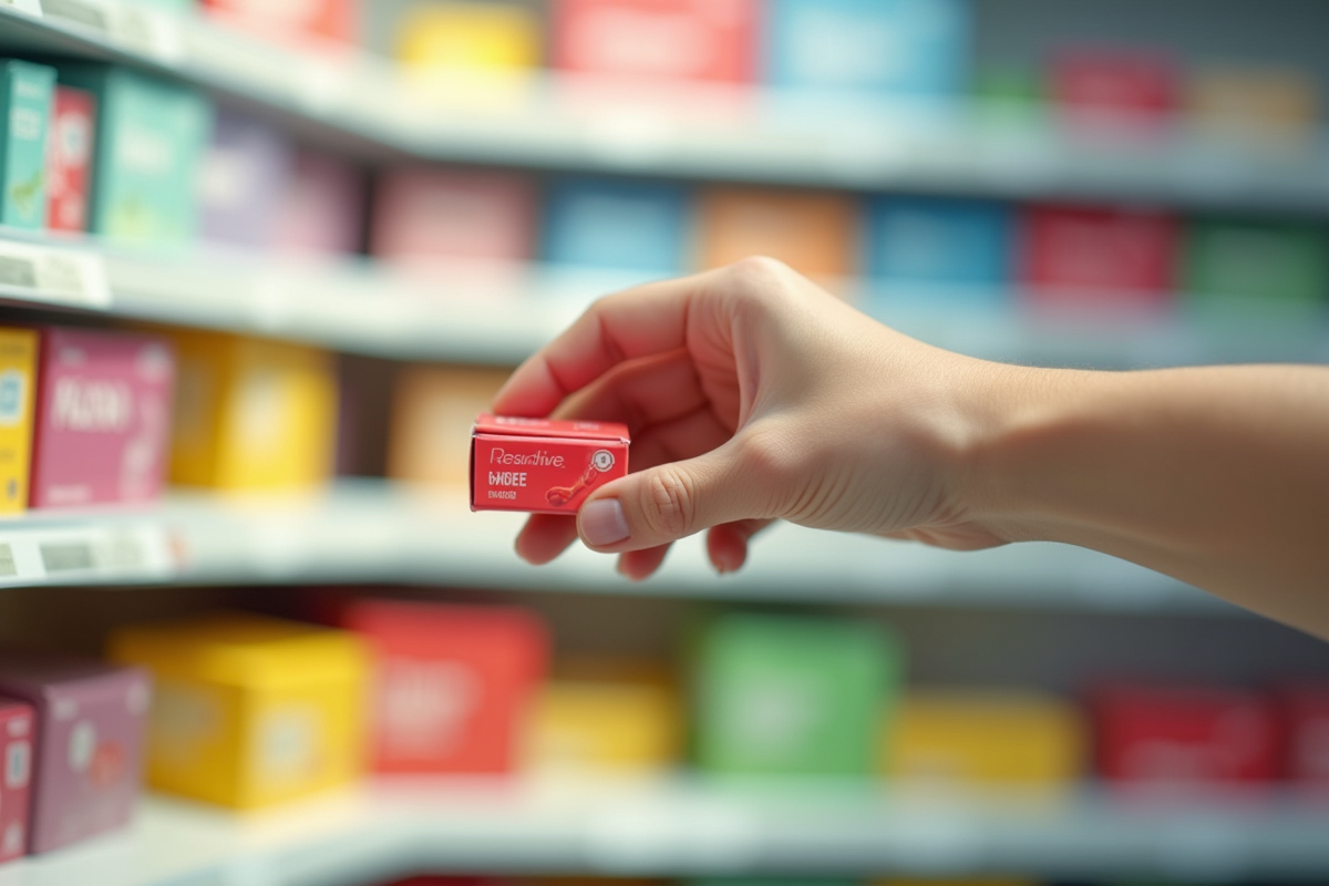 Main sélectionnant un produit aux emballages colorés vifs