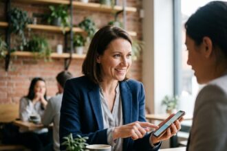 Cliente fidèle partageant une recommandation de marque sur son smartphone avec une amie dans un café moderne