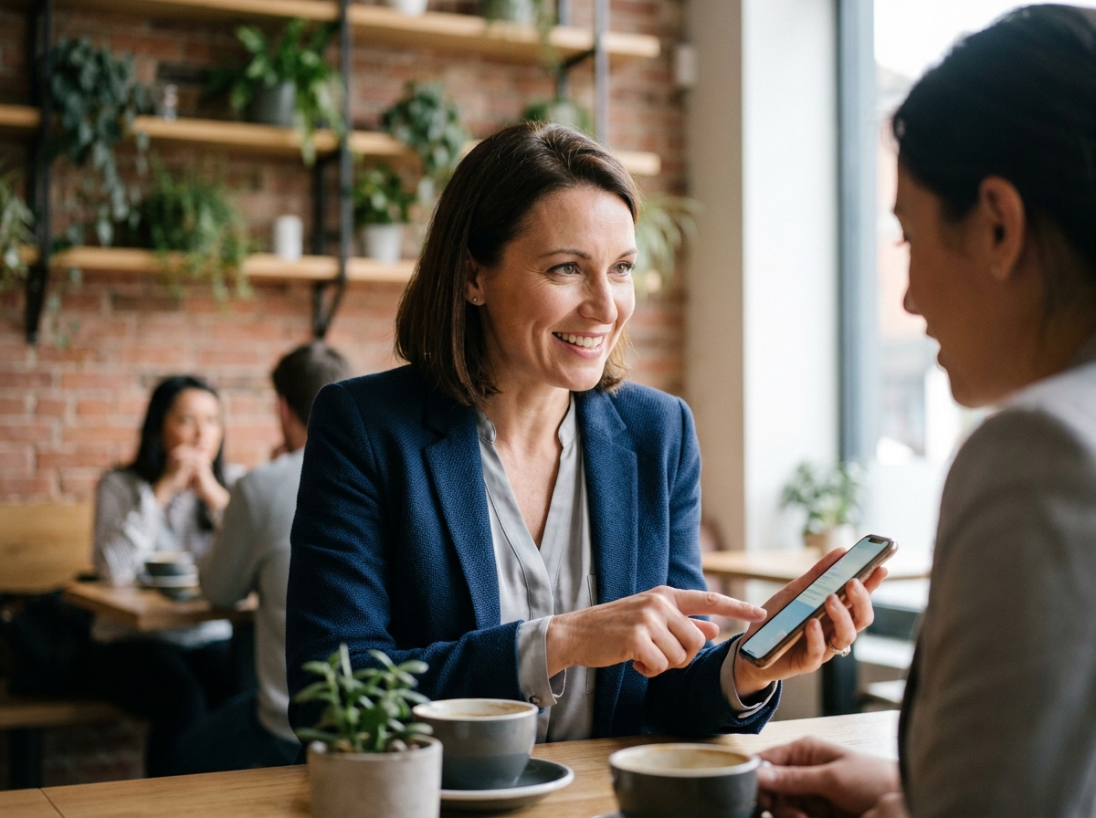 Cliente fidèle partageant une recommandation de marque sur son smartphone avec une amie dans un café moderne