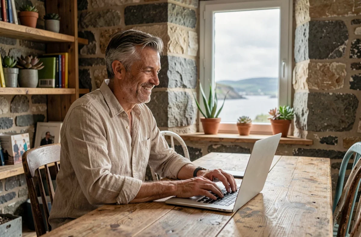 Espace Cocoleon à Carantec avec un freelance travaillant dans un cadre cosy face à la baie de Morlaix