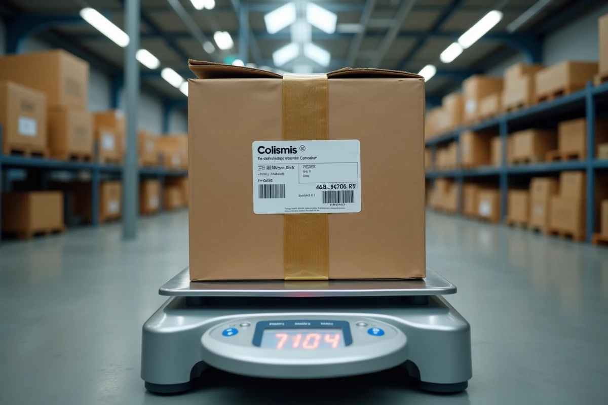 Gros plan d'un colis Colissimo international sur une balance de bureau de poste avec étiquette d'expédition et déclaration douanière