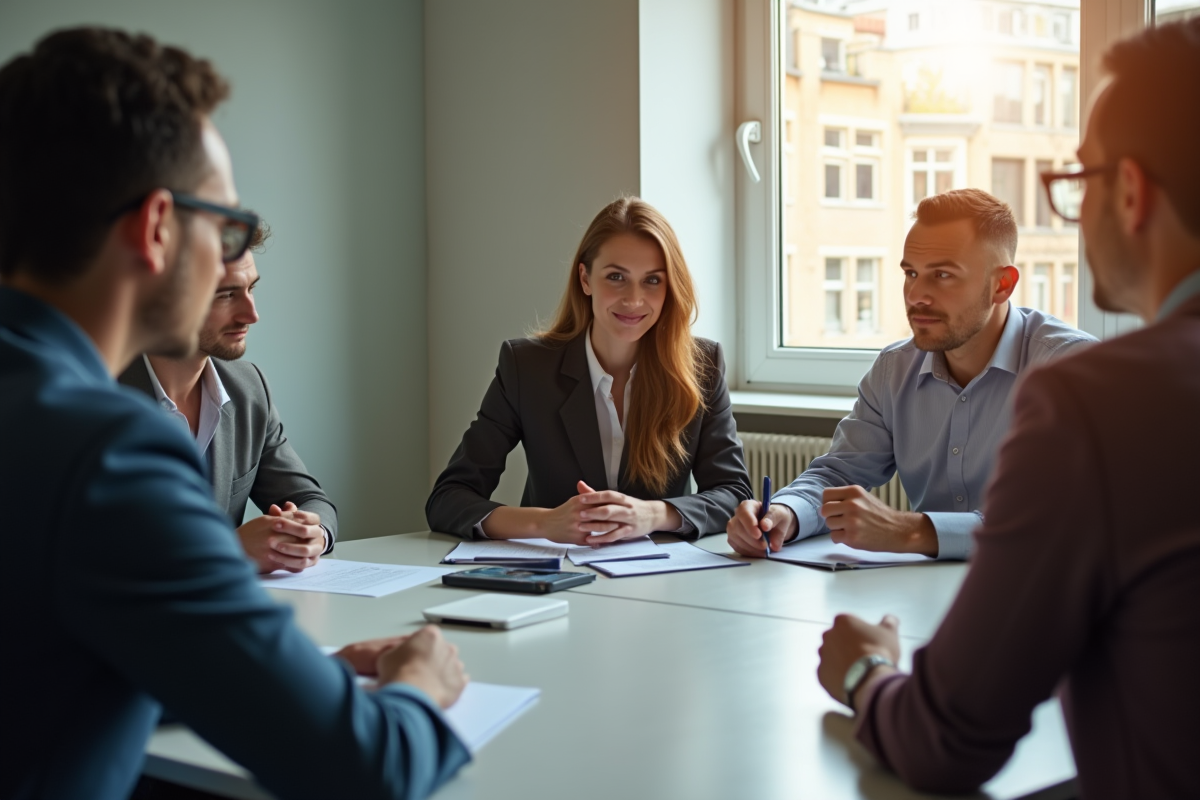 Groupe de collègues en réunion avec un collègue isolé
