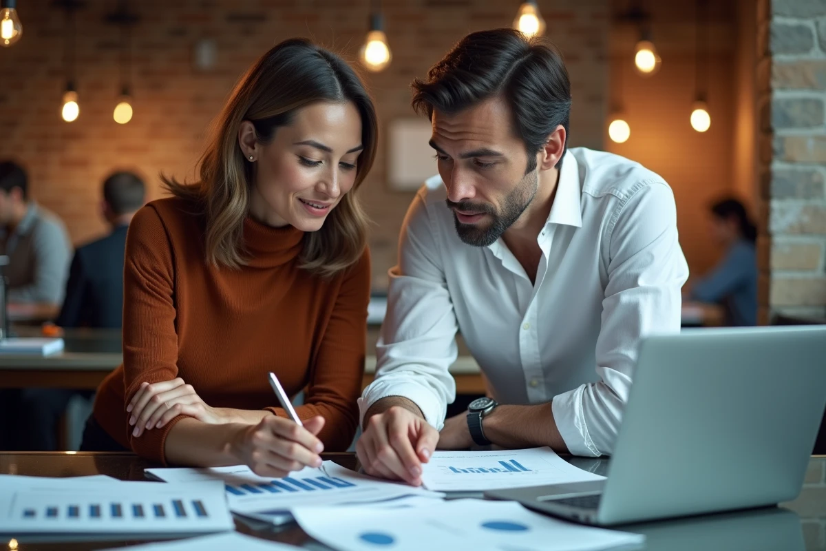 Deux collègues analysant des rapports et données sur une table en verre dans un espace de travail moderne