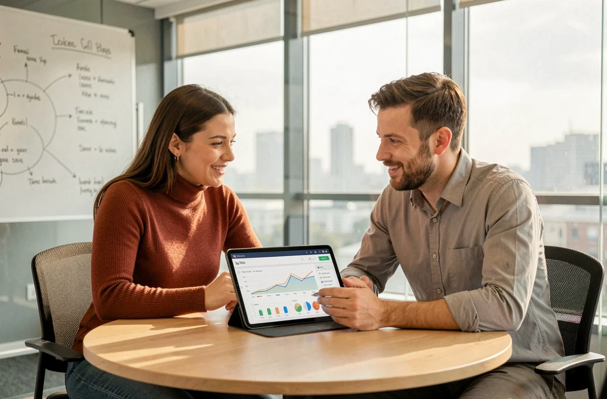 Deux collègues collaborant sur une stratégie de contact et de performance digitale via une tablette en salle de réunion