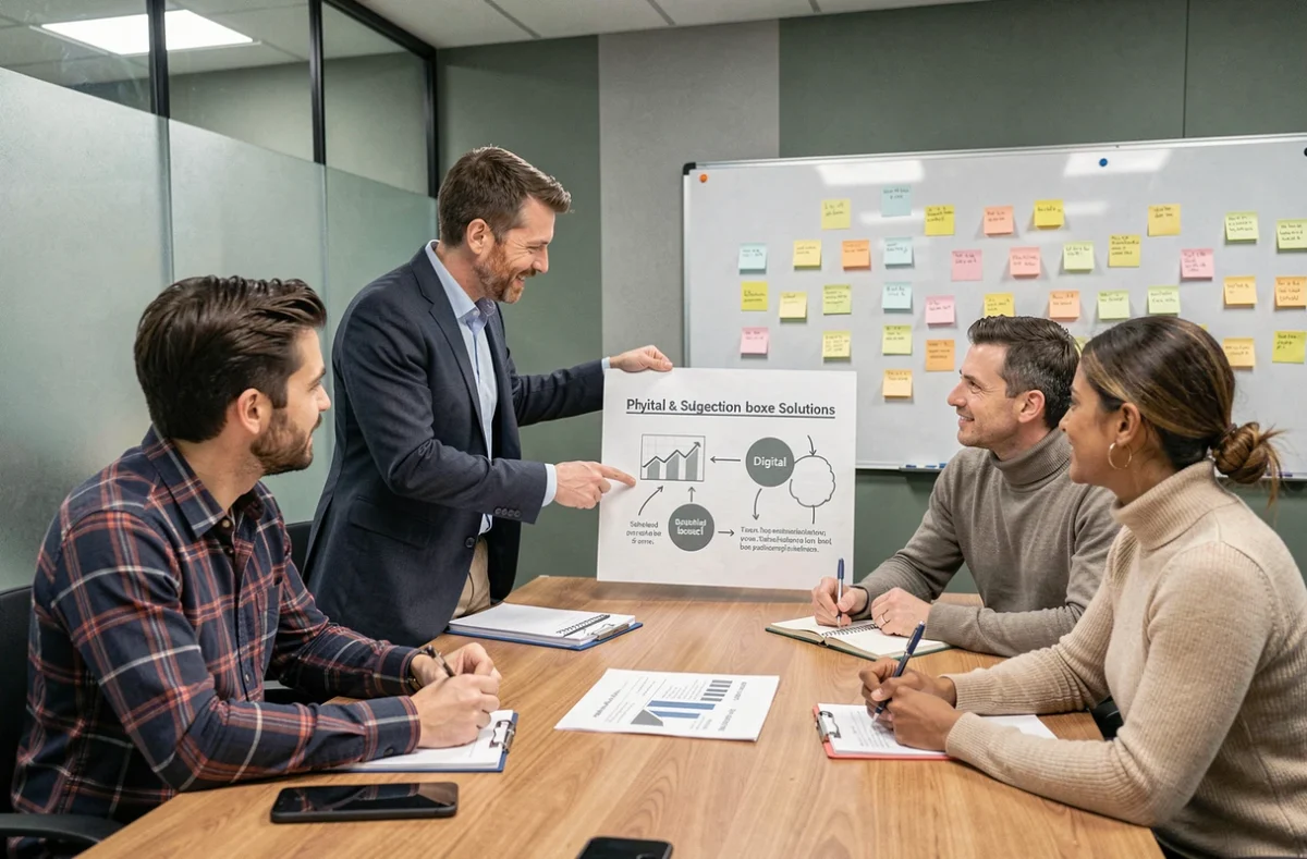 Équipe en réunion comparant les avantages de la boîte à idées digitale et physique en entreprise