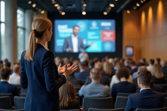 Conférencière professionnelle prenant la parole lors d'un événement d'entreprise en 2026 dans une grande salle de convention moderne