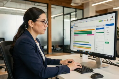 Femme professionnelle configurant un outil GTM sur un écran d'ordinateur dans un bureau moderne