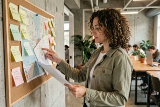Conseillère en emploi vert étudiant une carte de réseau TEE dans un espace de coworking collaboratif