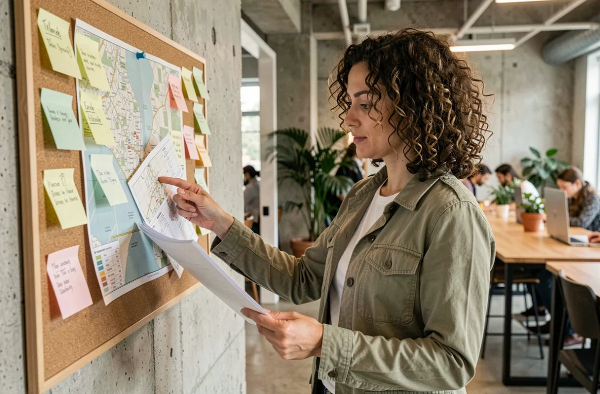 Conseillère en emploi vert étudiant une carte de réseau TEE dans un espace de coworking collaboratif