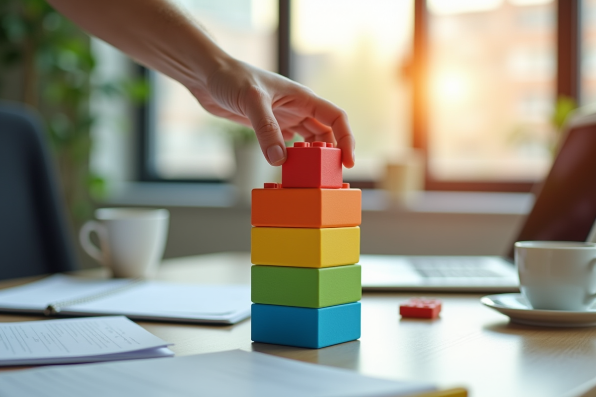 Main posant la dernière pièce sur une structure colorée de quatre blocs dans un bureau en journée
