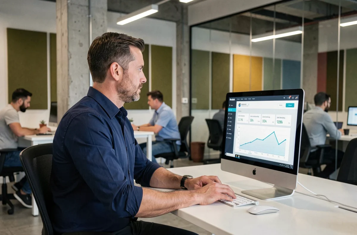 Consultant SEO masculin travaillant sur un tableau de bord de netlinking dans un espace de coworking moderne