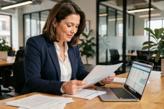 Consultante en portage salarial analysant des documents de frais de gestion dans un espace de coworking moderne