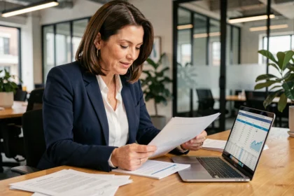 Consultante en portage salarial analysant des documents de frais de gestion dans un espace de coworking moderne