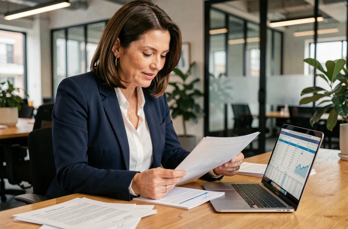 Consultante en portage salarial analysant des documents de frais de gestion dans un espace de coworking moderne