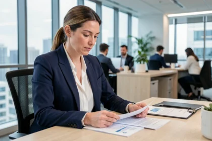 Consultante indépendante en portage salarial révisant un contrat dans un bureau moderne