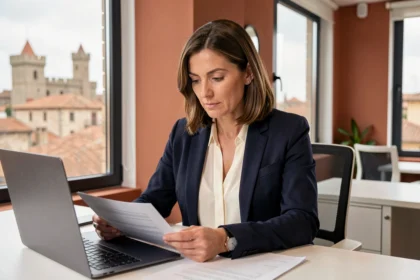 Consultante en portage salarial travaillant dans un bureau moderne avec vue sur Carcassonne