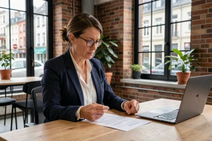 Consultante indépendante en portage salarial révisant un contrat dans un espace de coworking à Metz