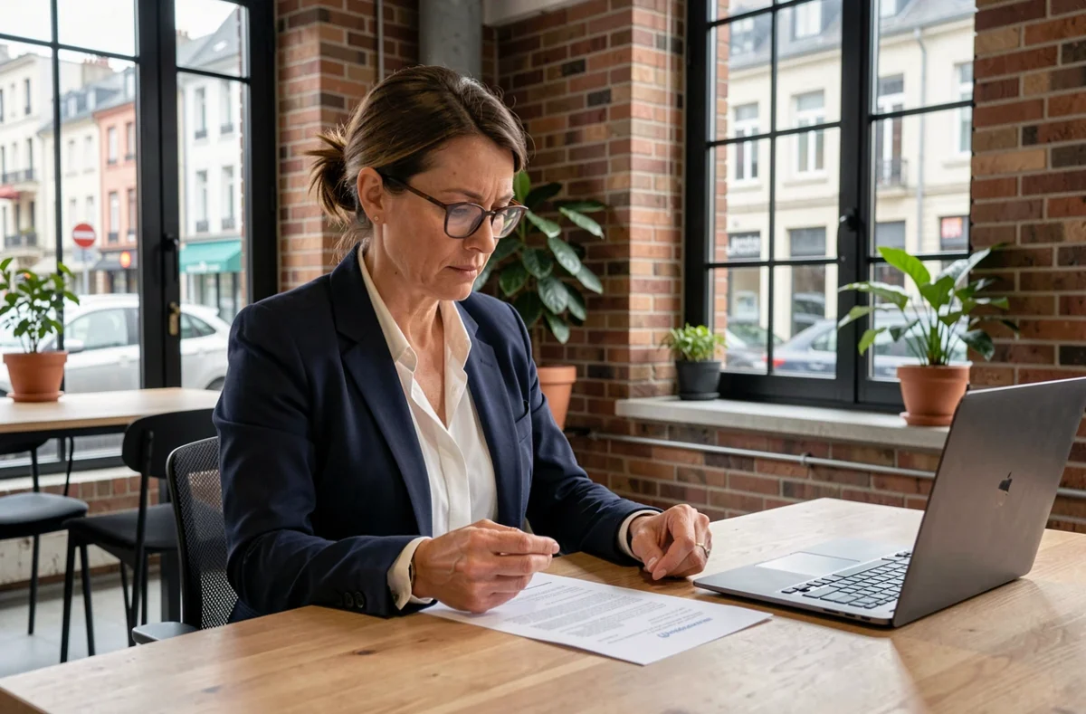 Consultante indépendante en portage salarial révisant un contrat dans un espace de coworking à Metz