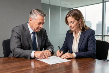Deux professionnels en costume examinant un contrat de sponsoring dans une salle de réunion d'un cabinet juridique moderne