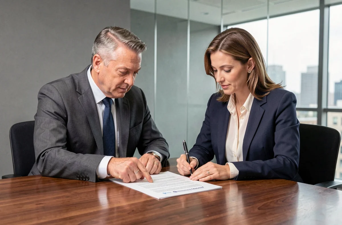 Deux professionnels en costume examinant un contrat de sponsoring dans une salle de réunion d'un cabinet juridique moderne