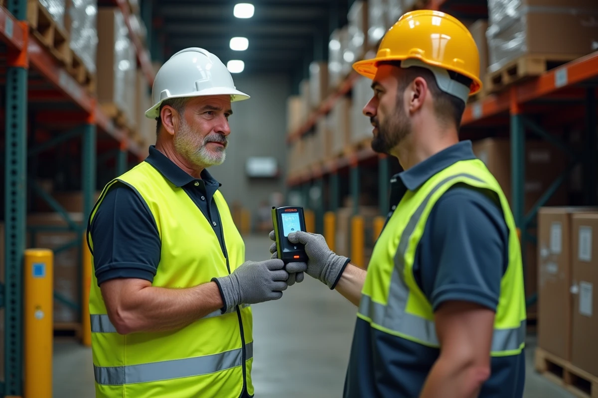 Contrôle préventif à l'alcootest par un responsable sécurité à l'entrée d'un entrepôt industriel dans le cadre de la prévention des risques au travail
