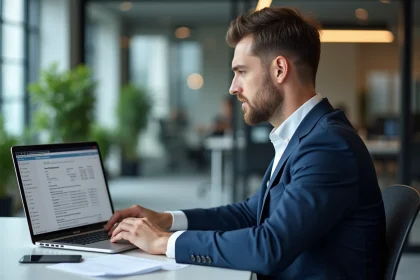 Courtier en assurance consultant l'extranet AXA sur son ordinateur portable dans un bureau moderne