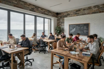 Vue d'ensemble d'un espace de coworking moderne en Finistère avec bureaux partagés et ambiance collaborative