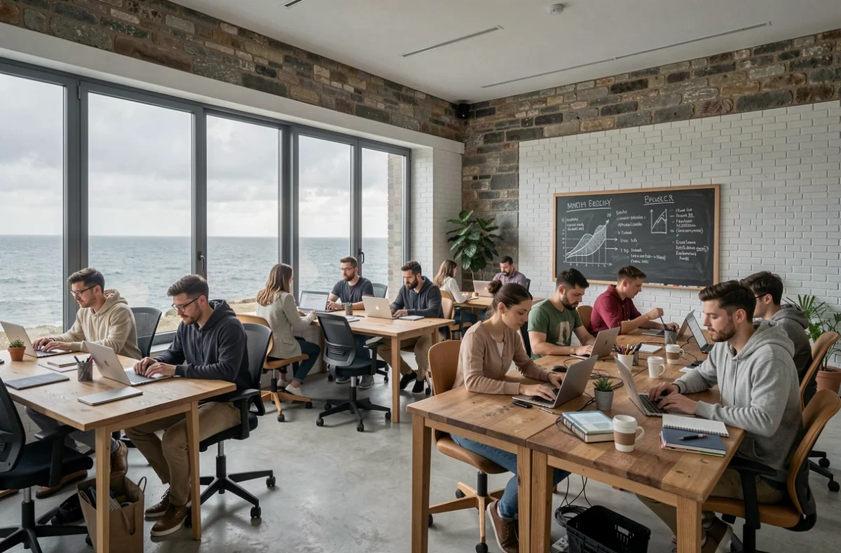 Vue d'ensemble d'un espace de coworking moderne en Finistère avec bureaux partagés et ambiance collaborative