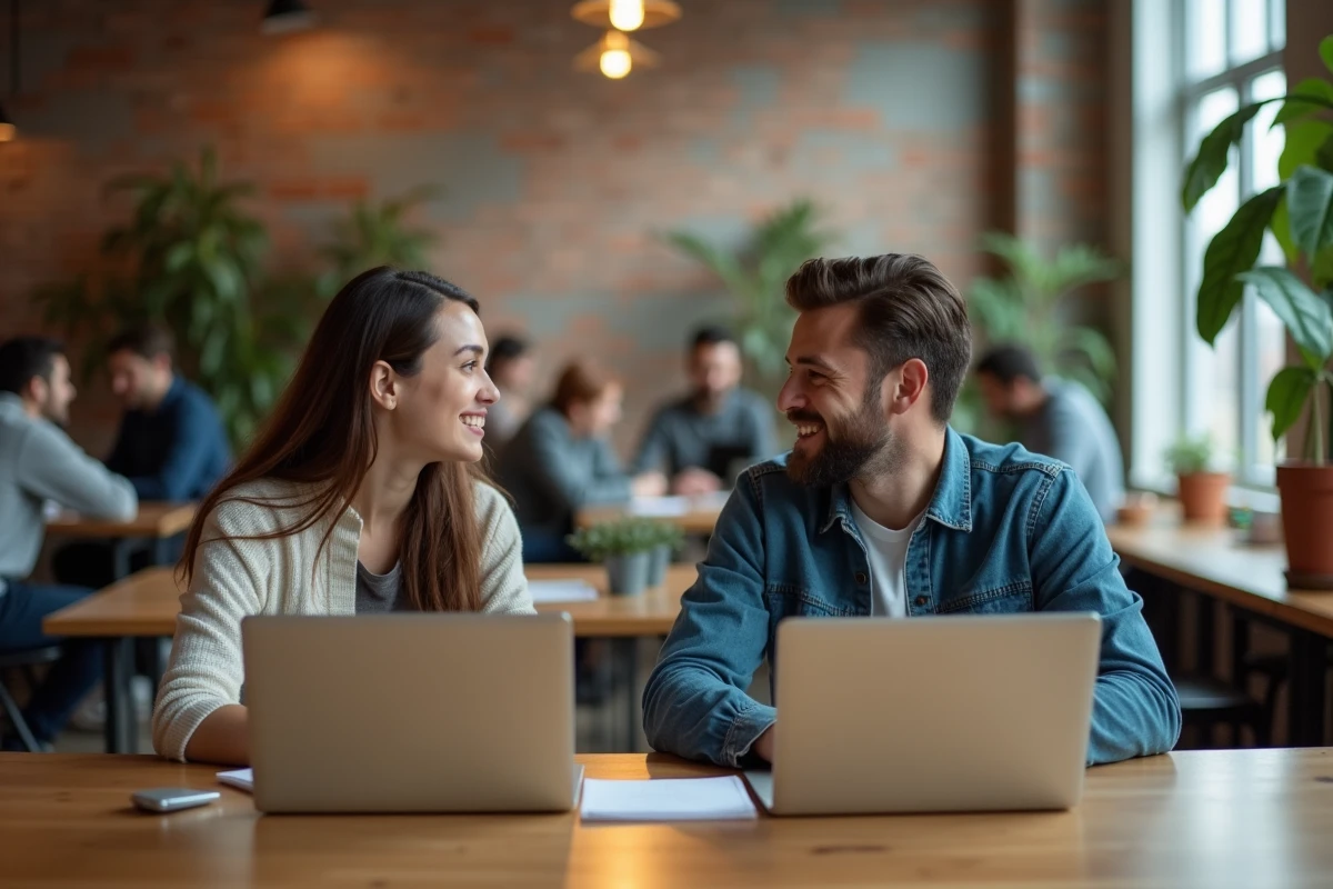 Deux personnes en reconversion professionnelle collaborant dans un espace de coworking avec des ordinateurs portables