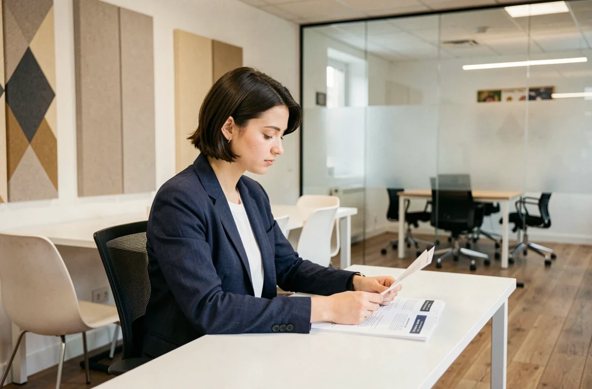 Espace de coworking Cowork'r à Quimper avec une professionnelle travaillant à un bureau minimaliste