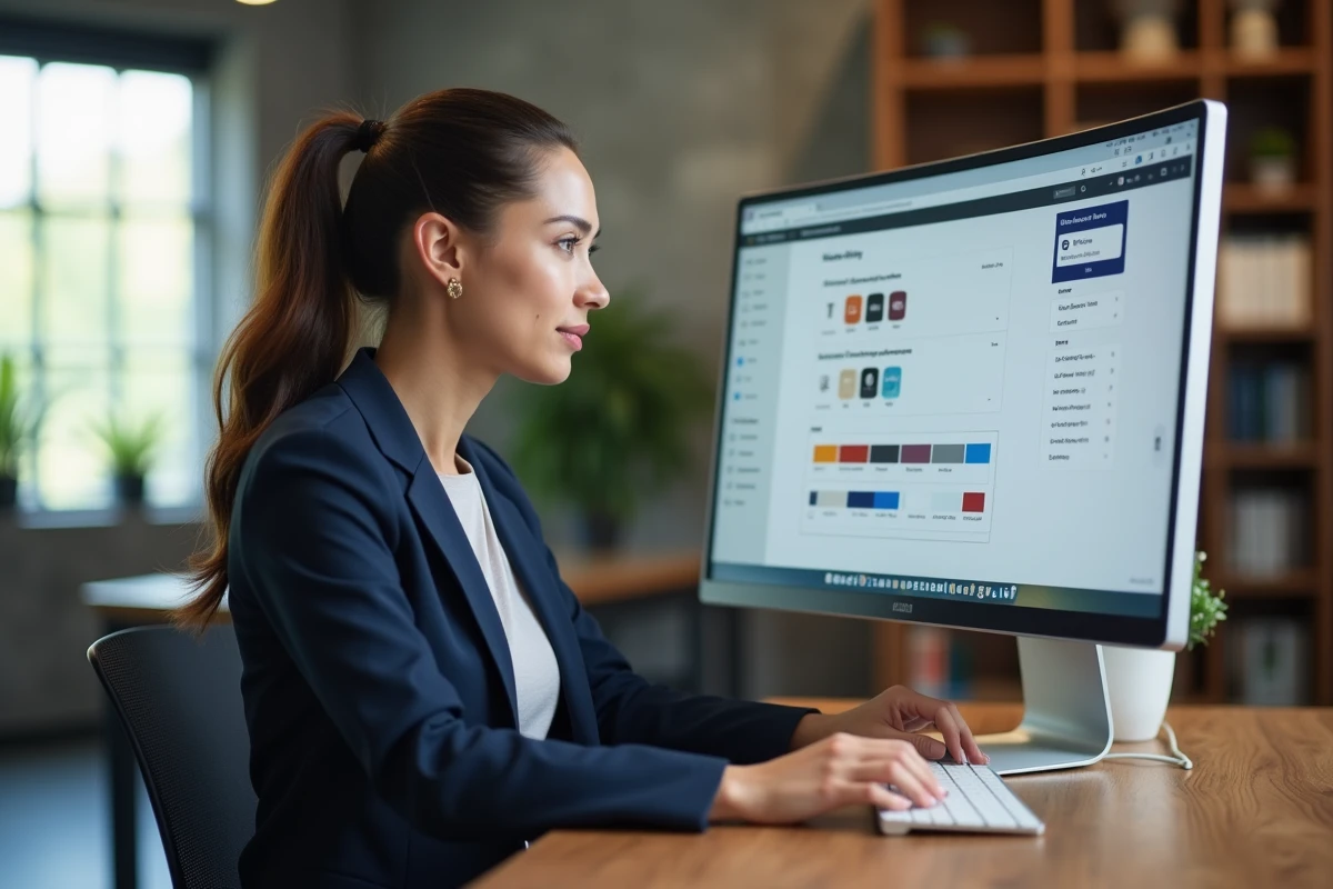 Femme créant une affiche tarif personnalisée en ligne sur un écran d'ordinateur dans un espace de coworking moderne