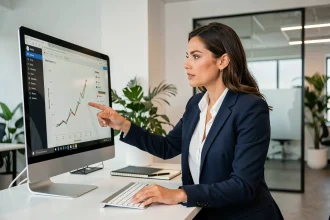 Femme d'affaires analysant des données de croissance d'entreprise sur un écran dans un bureau moderne
