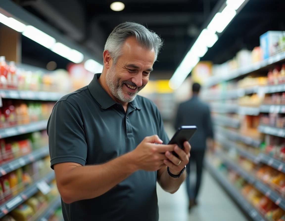 Salarié Chronopost utilisant son smartphone pour accéder aux avantages CSE en supermarché