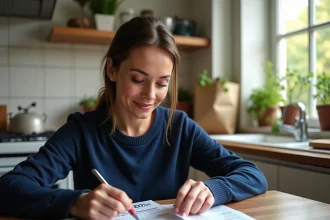 Employée Chronopost consultant des bons de réduction et ses dépenses du quotidien à la maison