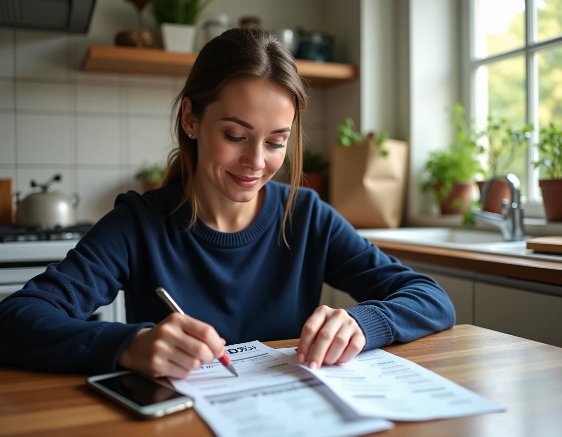 Employée Chronopost consultant des bons de réduction et ses dépenses du quotidien à la maison